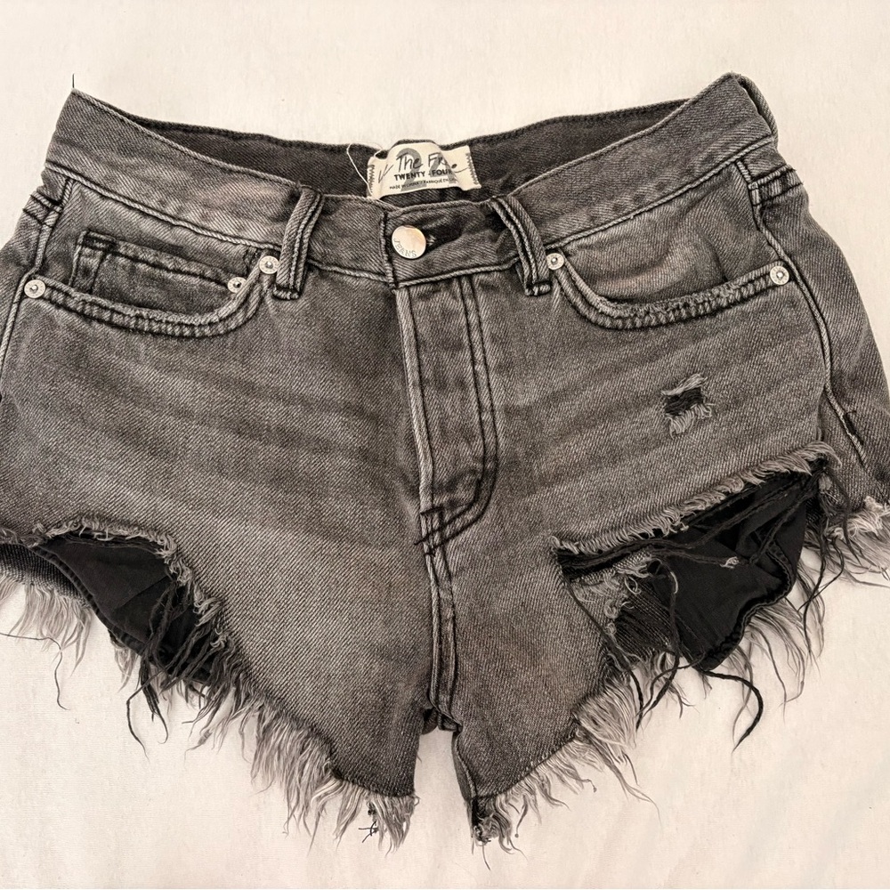 We The Free Washed Gray Distressed High-Rise Denim Shorts